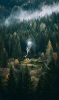 Serene mountain cabin nestled among the evergreen trees shrouded in mist during a calm day photo