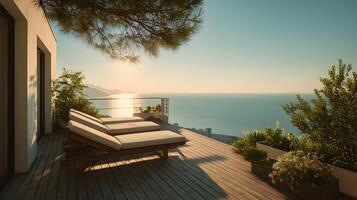 Inviting sunbeds on a deck overlooking the sea and sky, beckoning for relaxation and enjoying the peaceful coastal views photo