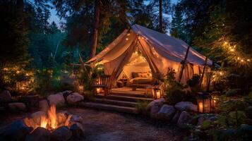 Enchanting glamping site nestled in the woods with a cozy tent and crackling campfire under the stars photo