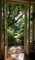 Open doorway revealing a beautiful garden view with vibrant greenery and natural sunlight photo