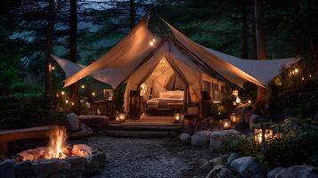 Enchanting glamping experience under the stars in a cozy tent in a tranquil forest setting photo