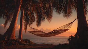 Relaxing in a hammock on a tropical beach at sunset is the perfect island getaway photo