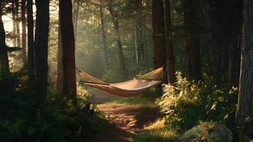 Relaxing in a forest hammock on a sunny morning promises peace and tranquility to everyone photo