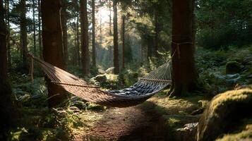 Hammock hangs serenely between trees inviting relaxation in a sun dappled forest setting photo