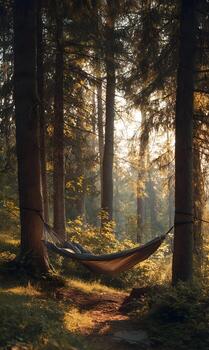 Hammock hangs between trees, sunlight filters through the canopy, inviting relaxation in nature photo