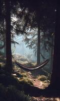 Hammock relaxation nestled between trees in a serene forest environment in the morning sun photo