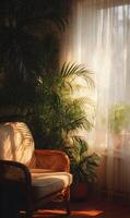 Serene indoor scene with a comfortable chair bathed in soft, natural light amidst lush plants photo