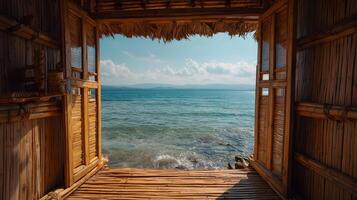 Tranquil ocean view from a bamboo hut showcasing nature's peaceful beauty and serenity photo