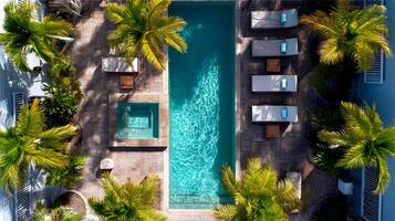 Aerial view of a luxurious resort with swimming pool and palm trees providing a tropical getaway photo