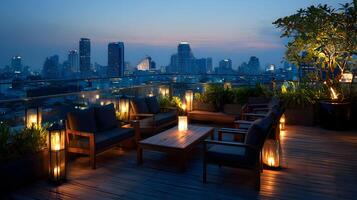 Rooftop lounge in the city glows softly as the sun sets over the urban skyline at dusk photo