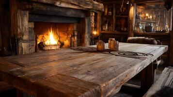 Rustic wooden table in cozy cabin with fireplace and warm lighting providing a relaxing ambiance photo