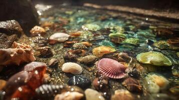 Seashells and pebbles under clear water create a tranquil underwater scene with soft lighting photo