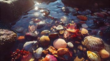 Shallow seawater embracing shells and pebbles on beach under sunlight creates serene view photo