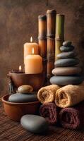 Serene spa display featuring candles bamboo stacks and balanced stones for relaxation photo
