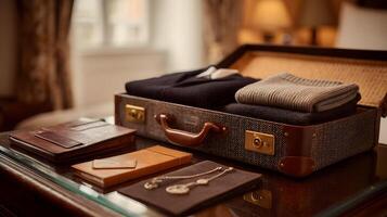 Packed and ready for travel with sweaters and personal items neatly arranged for a journey photo