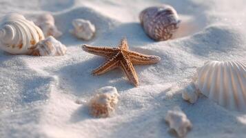 A captivating starfish and assorted seashells scattered on pristine white sandy beach shores photo