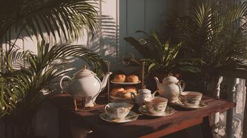 Elegant tea setting with pastries amidst lush greenery, offering a serene and sophisticated ambiance photo