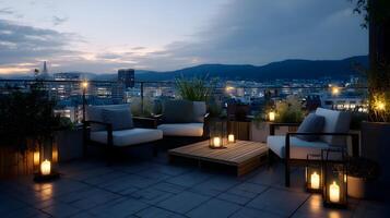 Urban tranquility rooftop terrace at dusk enjoying city lights soft glow ambiance photo