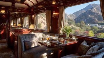 Opulent train carriage interior with a mountain view from the window providing a luxury travel experience photo