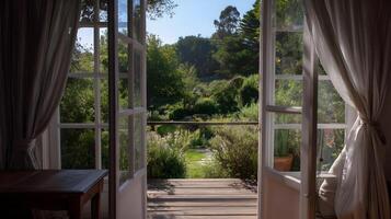 Picturesque garden view through open french doors into natural daylight and greenery photo