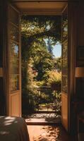 Open door view revealing an exterior lush garden and building behind plants and flowers photo