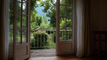 Inviting garden view through open french doors creating a serene and refreshing ambiance photo
