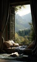 Inviting window seat with pillows and books overlooking a serene forest mountain view photo