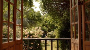 Open window view into a serene garden with blooming flowers and lush green trees in daylight photo