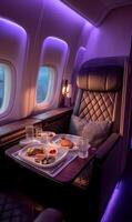 Experience luxurious in flight dining with gourmet meal service in first class cabin photo
