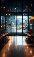 Empty airport waiting area with a view of city lights through large glass windows photo