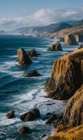 Dramatic cliffs and rocky stacks along the Oregon coast create a stunning seascape view photo