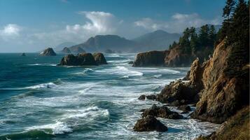 Dramatic coastal scenery with towering cliffs and crashing waves against a mountainous backdrop photo