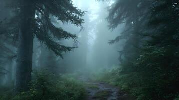 Ethereal pathway through the misty forest invites exploration and discovery among nature's embrace photo