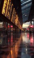 Captivating ambiance at the train station with vibrant lights and reflections at twilight hour photo