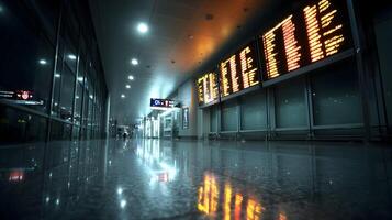 Modern airport terminal with flight information displays and reflective floor design photo