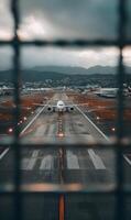 The airplane is on the runway preparing to take off at the airport under a cloudy sky photo