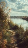 A tranquil pathway meanders alongside a serene river beneath a sky filled with soft clouds photo
