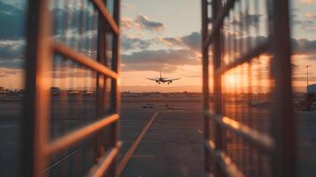 Airplane approaching runway with a golden sunset and clouds in the background view from frame photo