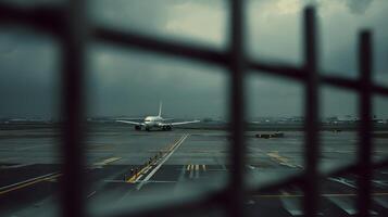 Airport scene showcasing a plane ready for takeoff under a cloudy overcast sky, moody atmosphere photo