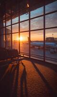 Golden sunrise view from airport terminal window with airplane ready for boarding passengers photo