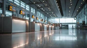 Sleek airport check in counters in a modern terminal with reflective floor and ample natural light photo
