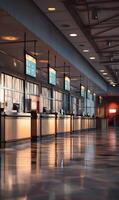 Modern airport check in area bathed in warm light reflecting on the polished floor photo