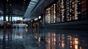 Illuminated flight board reflections at the terminal create a captivating view inside photo