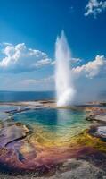 Spectacular view of a geyser erupting against a beautiful blue sky with fluffy white clouds photo