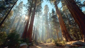 Sunlight filters through the towering sequoia trees in a misty forest environment photo