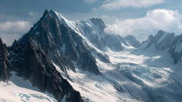 Snow capped mountain peaks rise majestically against a sky with wisps of cloud formations photo