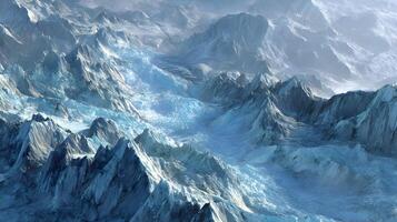 Majestic frozen landscape featuring snow covered mountains and glacial formations in a winter setting photo