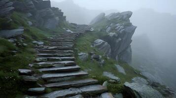 Stone staircase disappearing into fog high up in the mountains offering a mysterious scenic view photo