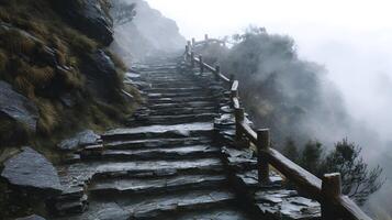 Stone stairway ascending a misty mountain path with a wooden railing through dense fog photo