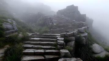 Mystical ascent a stairway to the heavens shrouded in fog nature's ethereal pathway photo